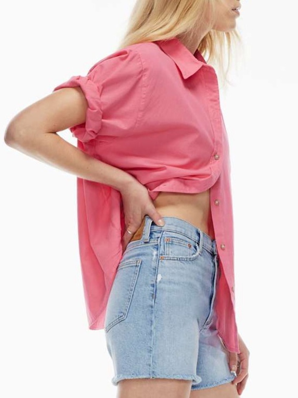 Aritzia Denim Forum the Jane shirt XS pink short sleeve cotton button up barbie